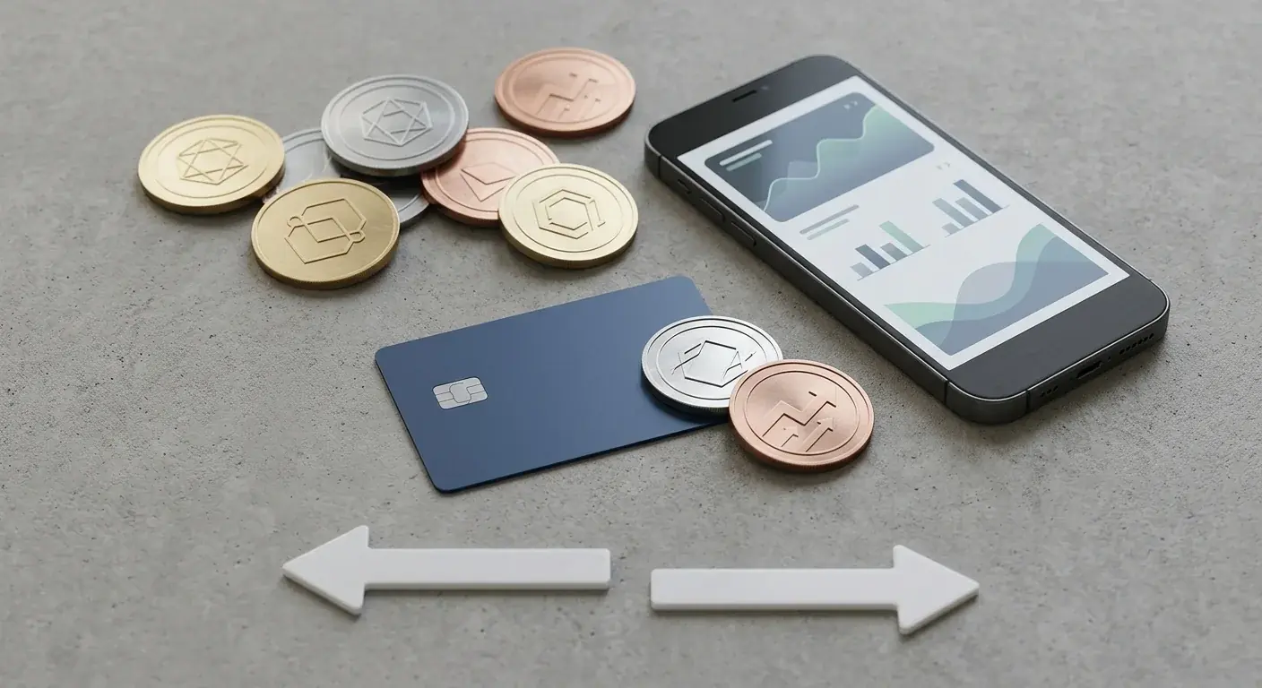 Editorial illustration of cryptocurrency, card and account-to-account payment concepts