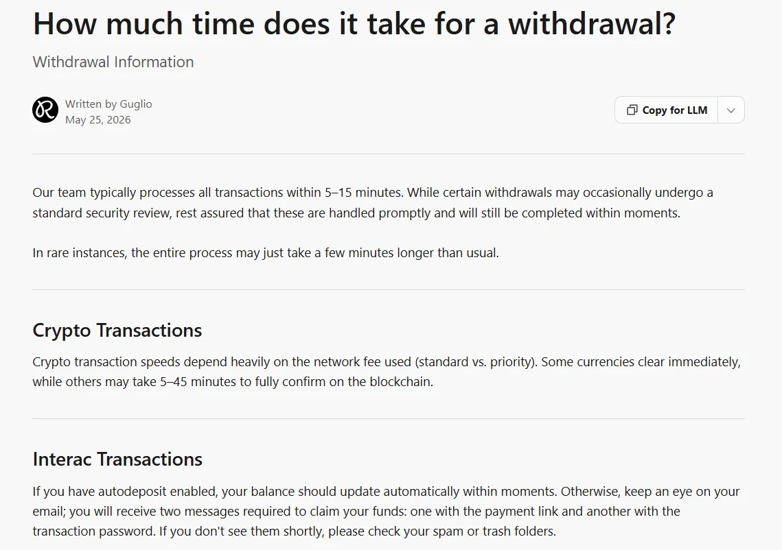 Rainbet withdrawal timing help article