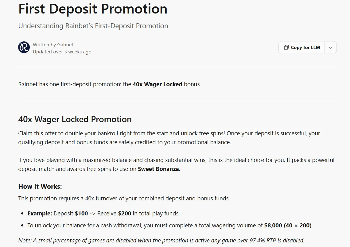 Rainbet first-deposit promotion help article