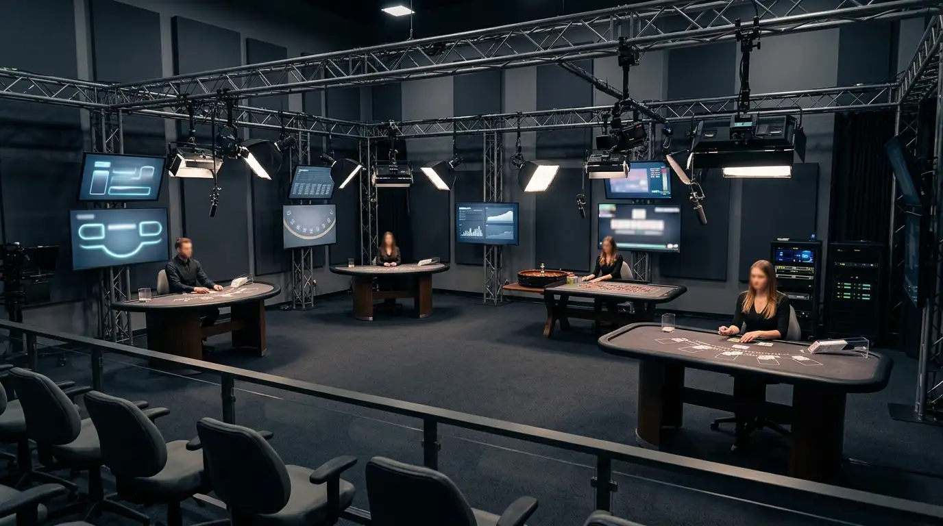 Conceptual live dealer studio with casino tables and streaming equipment