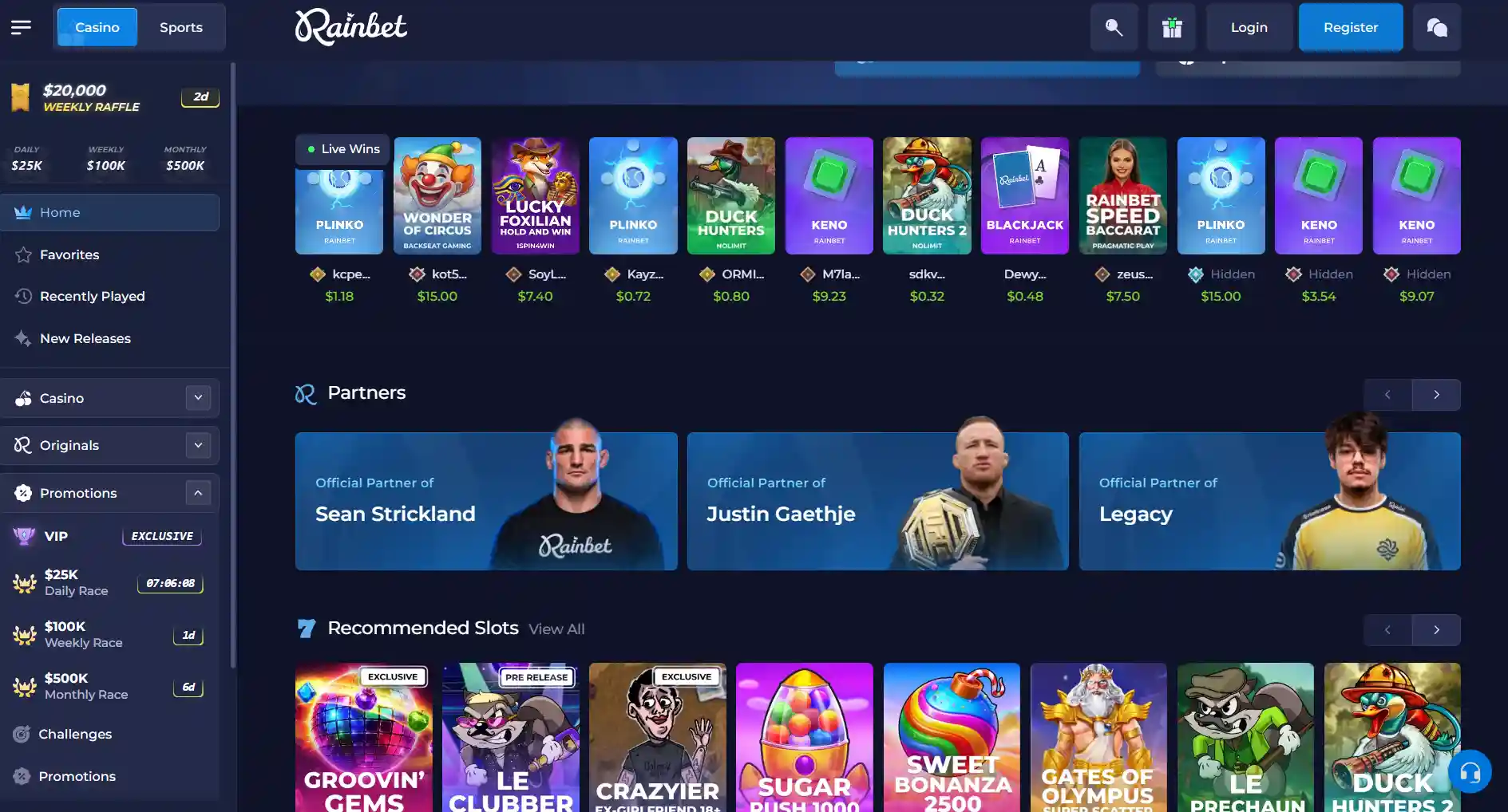 Rainbet homepage and main casino navigation
