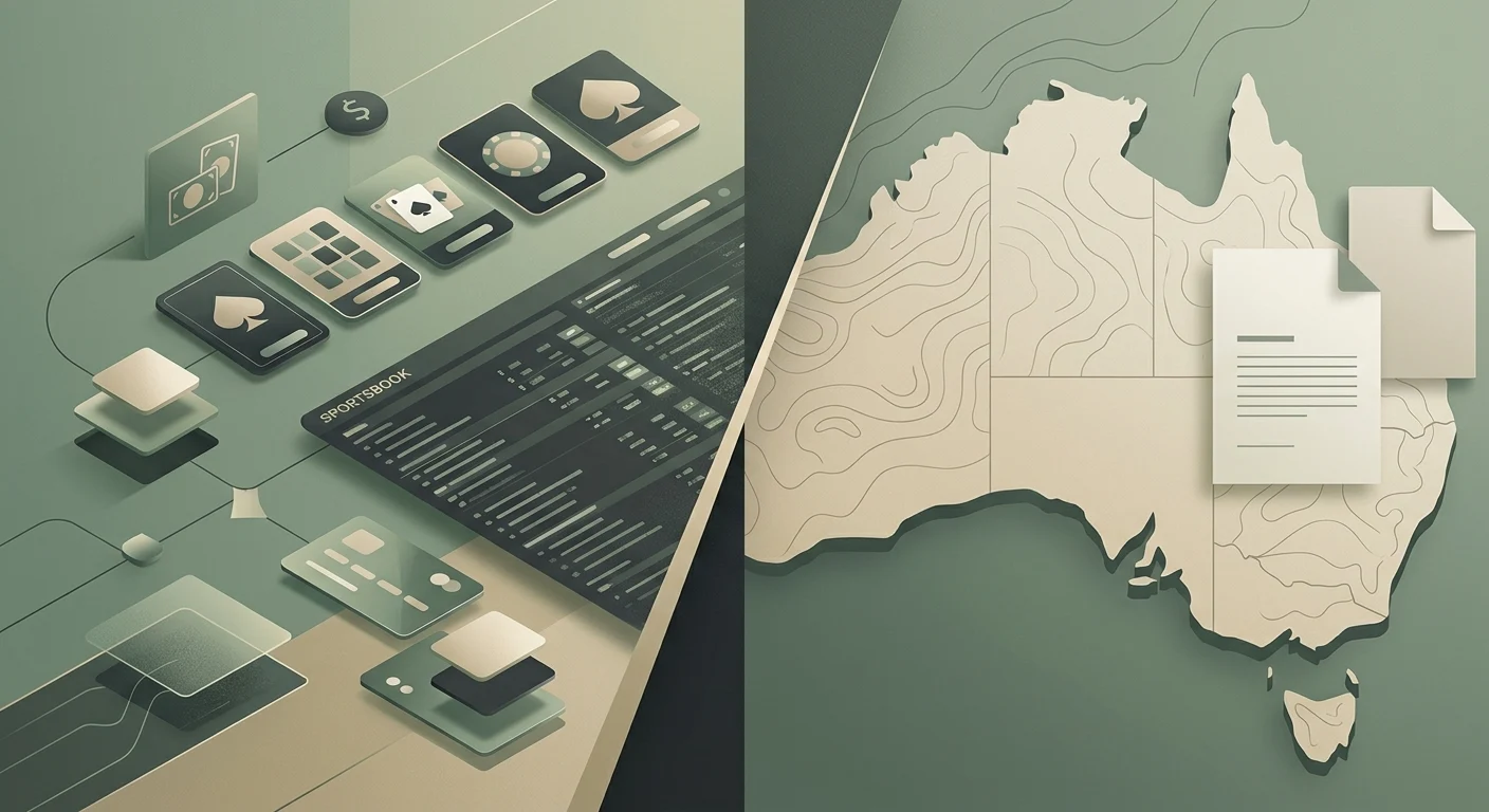 Editorial illustration contrasting an offshore casino platform with Australian regulatory context